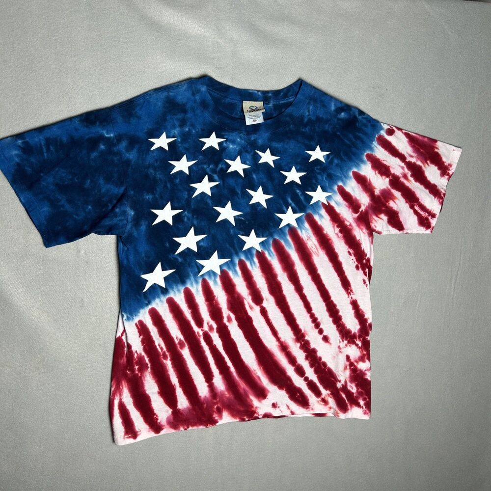 Vintage Liquid Blue Tie Dye Stars & Stripes USA Flag Sz Medium T Shirt